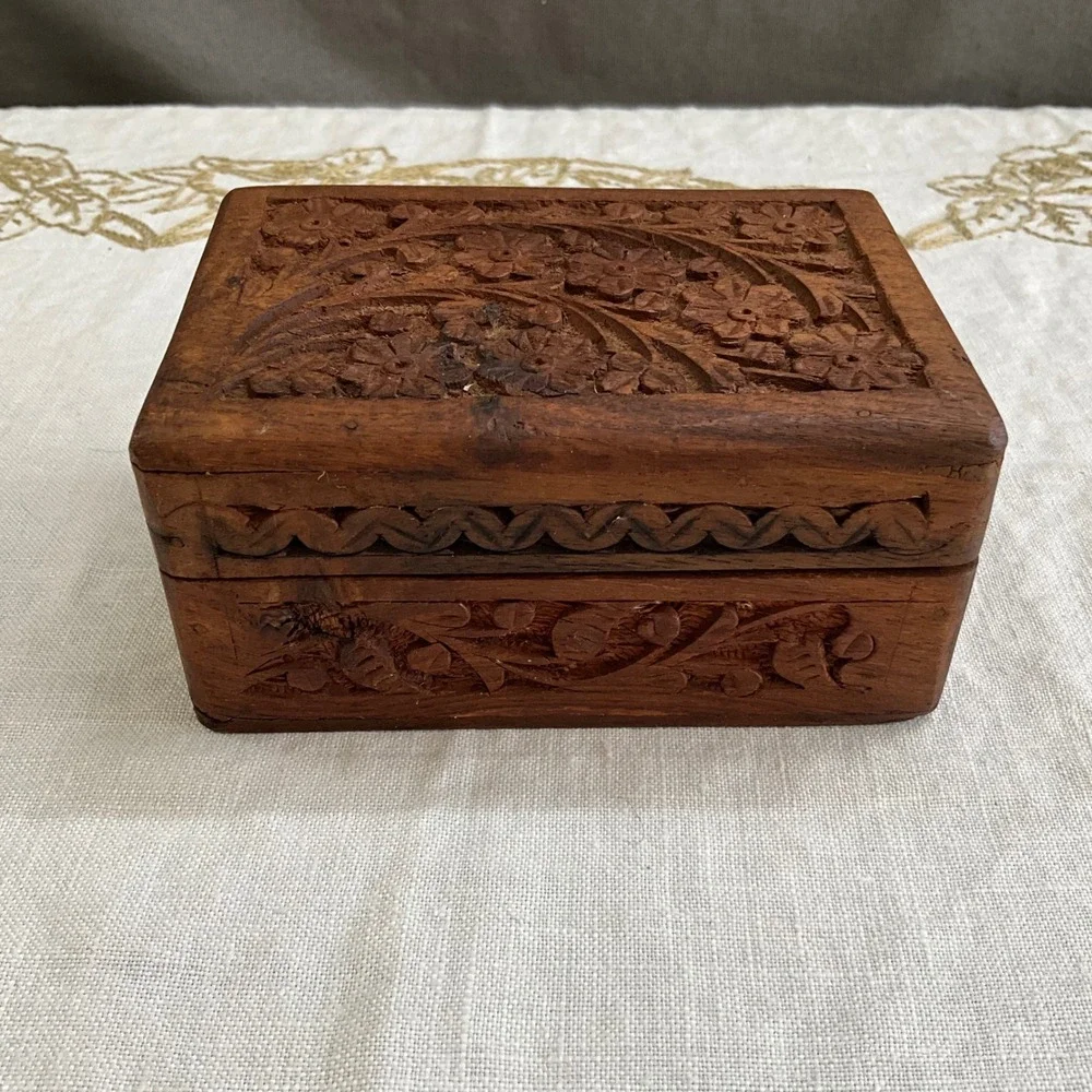 Hand Carved Wooden Jewelry Trinket Box Floral Vine Design Blue Velvet Lining